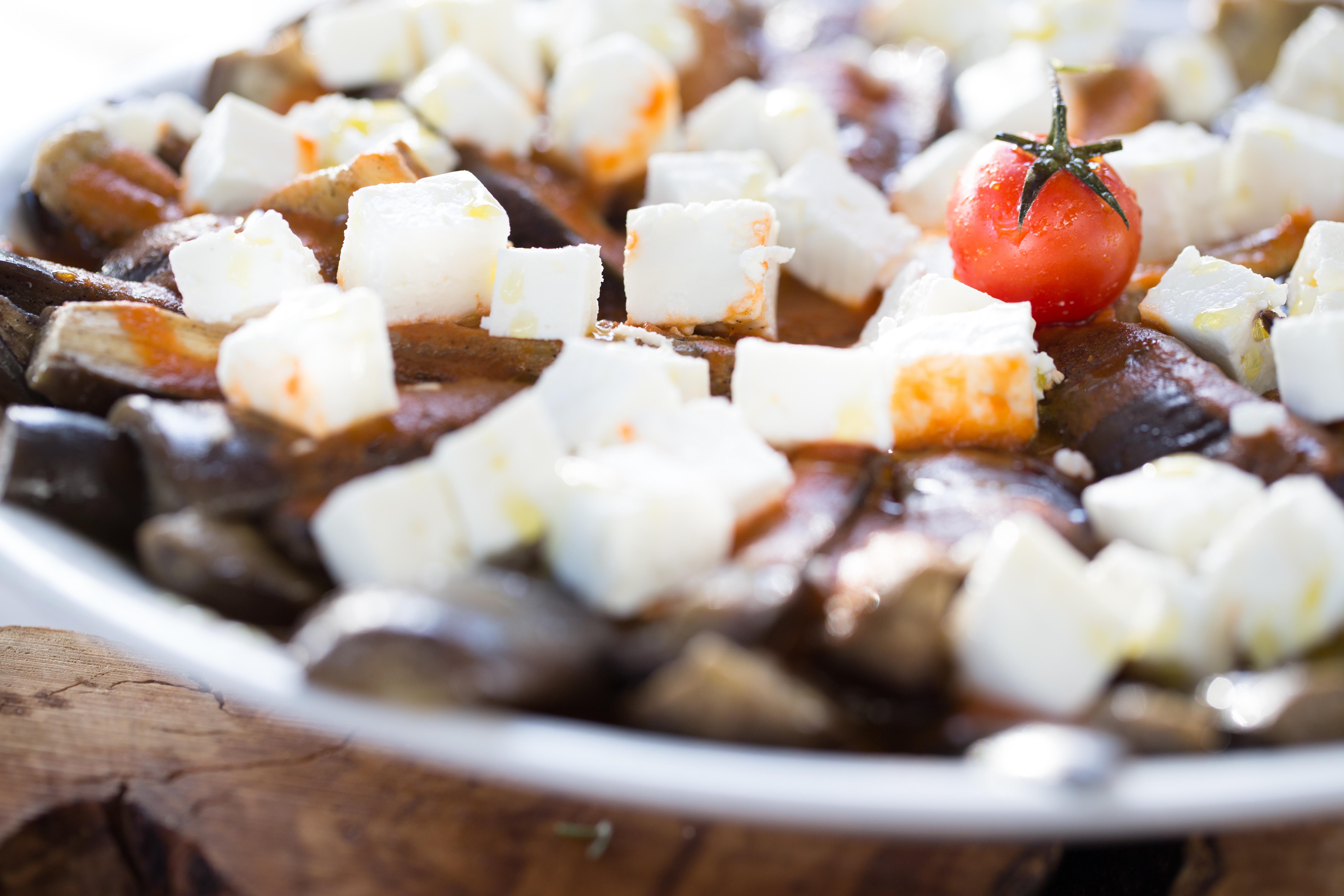 Almyra Hotel Paphos Bagian luar foto Aubergine, feta cheese and tomato salad